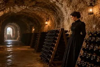 Dirigeante champenoise du XIXe siècle observant des bouteilles dans une ancienne cave en craie, près d’un pupitre de remuage.