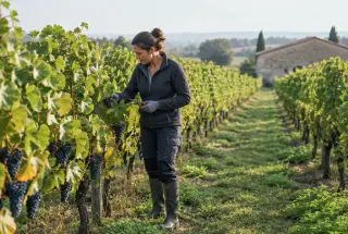 Vigneronne observant les grappes dans les rangées d’un vignoble français.